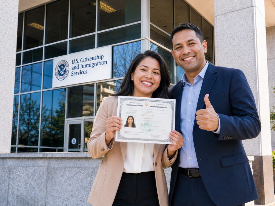 A couple holding a U.S. Certificate of Naturalization